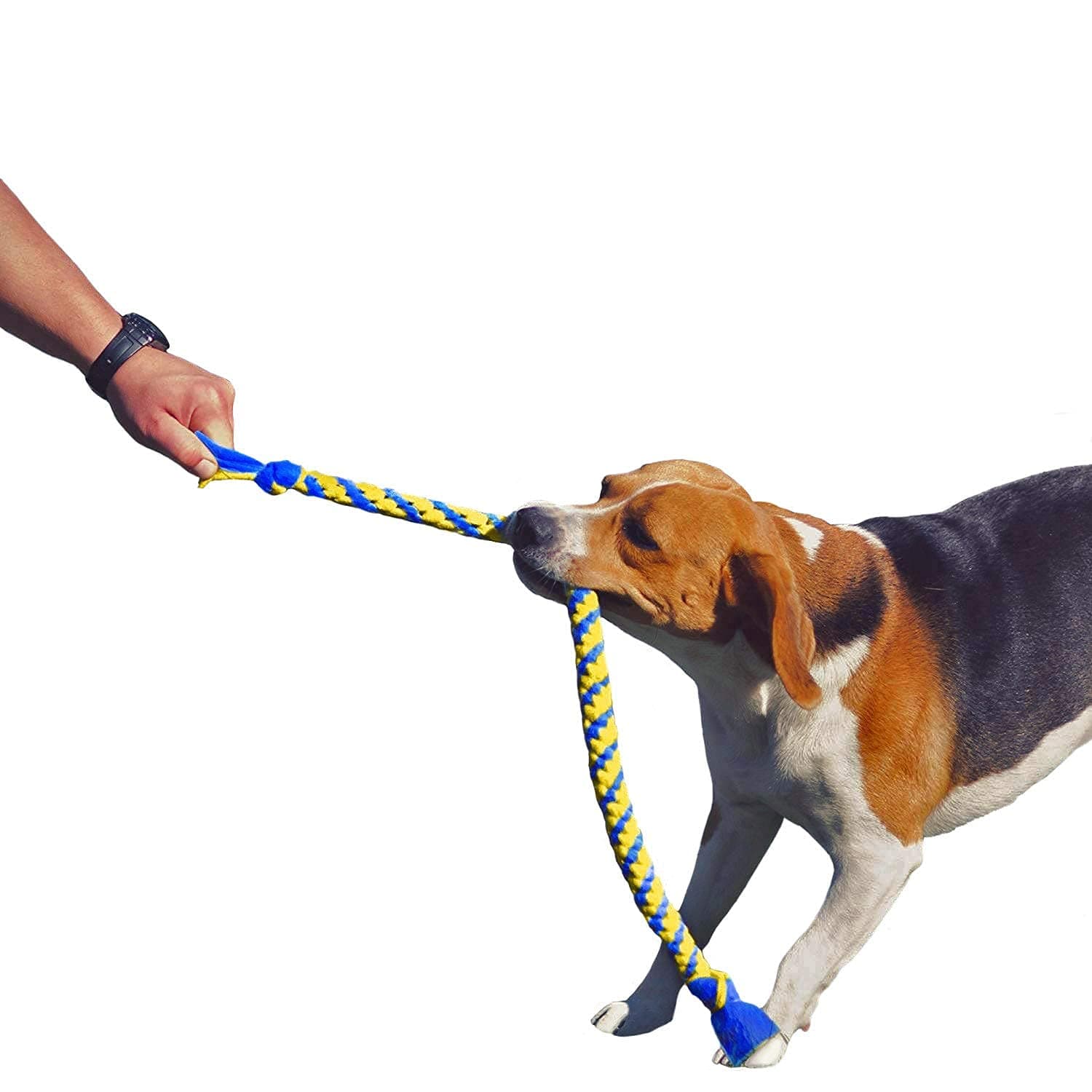 Fleece Dog Tug Toy for Medium and Large Dogs - Soft Handmade Dog Rope Safe for Gums and Teeth Tug of War Puppy Play - LARGE: 21in blue and yellow