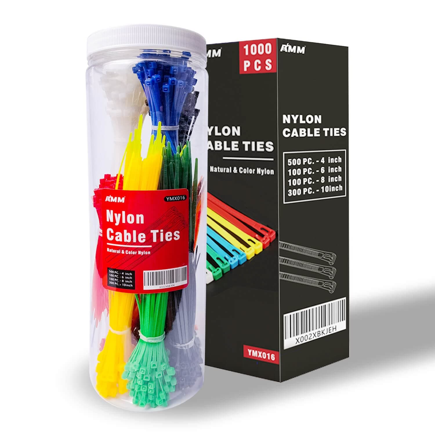 AMM Cable Zip Ties,1000 Pack colored zip ties Assorted Sizes 4, 6, 8 and 10 inches with a plastic storage jar,Multi-Purpose Self-Locking Nylon Cable Ties Cord Management Ties,Wire Ties for Home,Office