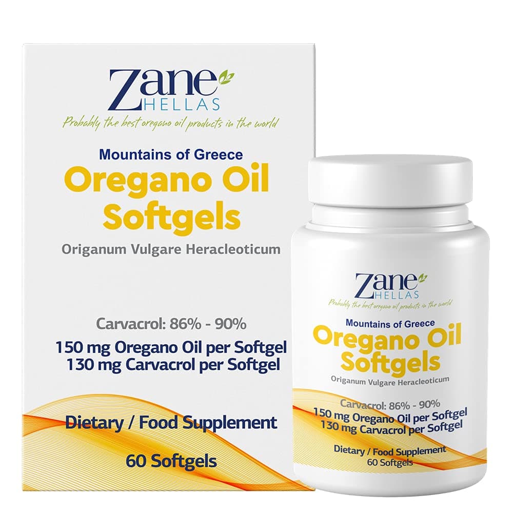 Zane Hellas Oregano Oil Softgels. Concentrate 4:1 Provides 108 mg Carvacrol per Serving. 60 Softgels- Capsules with Pure Essential Oil of Oregano and Extra Virgin OIive Oil.