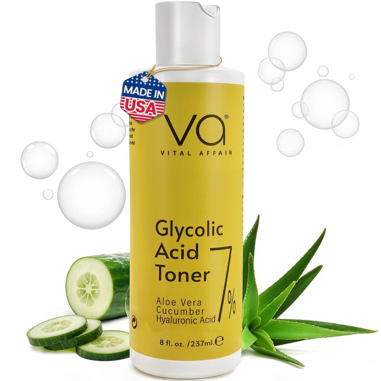 Glycolic Acid Toner for Face - Anti Aging, Pore Minimizer for Face, Exfoliating Toner - with Aloe Vera, Cucumber, Hyaluronic Acid - AHA - Alcohol Free - for All Skin Types - by Vital Affair.