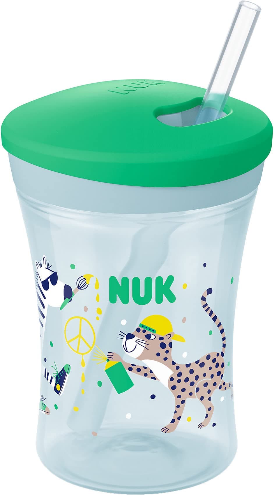 Action Cup Toddler Cup | 12+ Months | Twist Close Soft Drinking Straw | Leak-Proof | BPA-Free | 230ml | Green Leopard