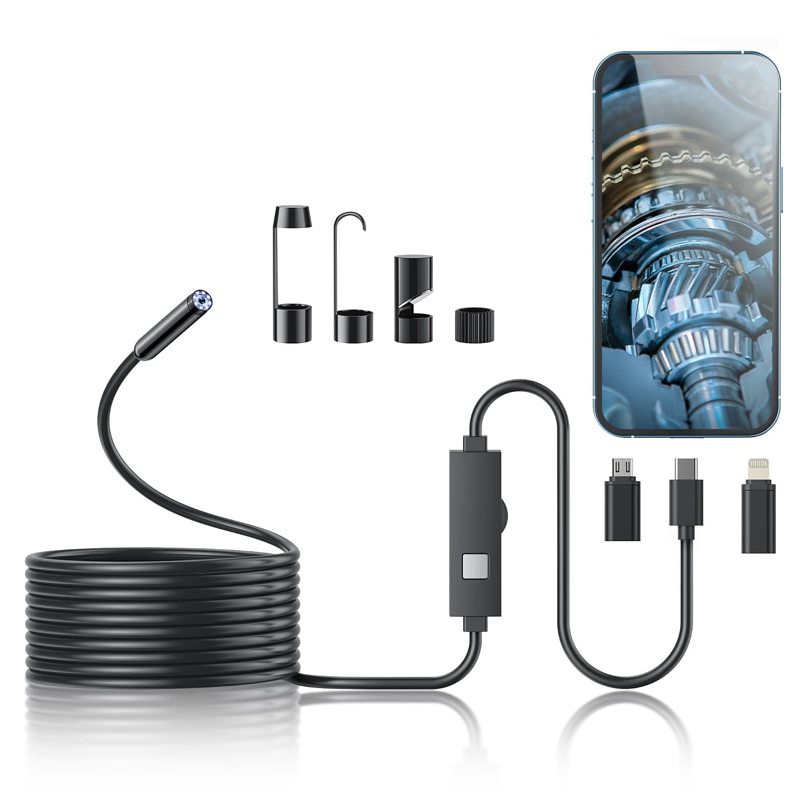 Endoscope Camera with Light 1920P HD Borescope Tool with 8 Adjustable LED Lights Endoscope with Semi-Rigid Snake Camera IP67 Waterproof Inspection Borescope for iOS and Android 16.3ft Single Lens
