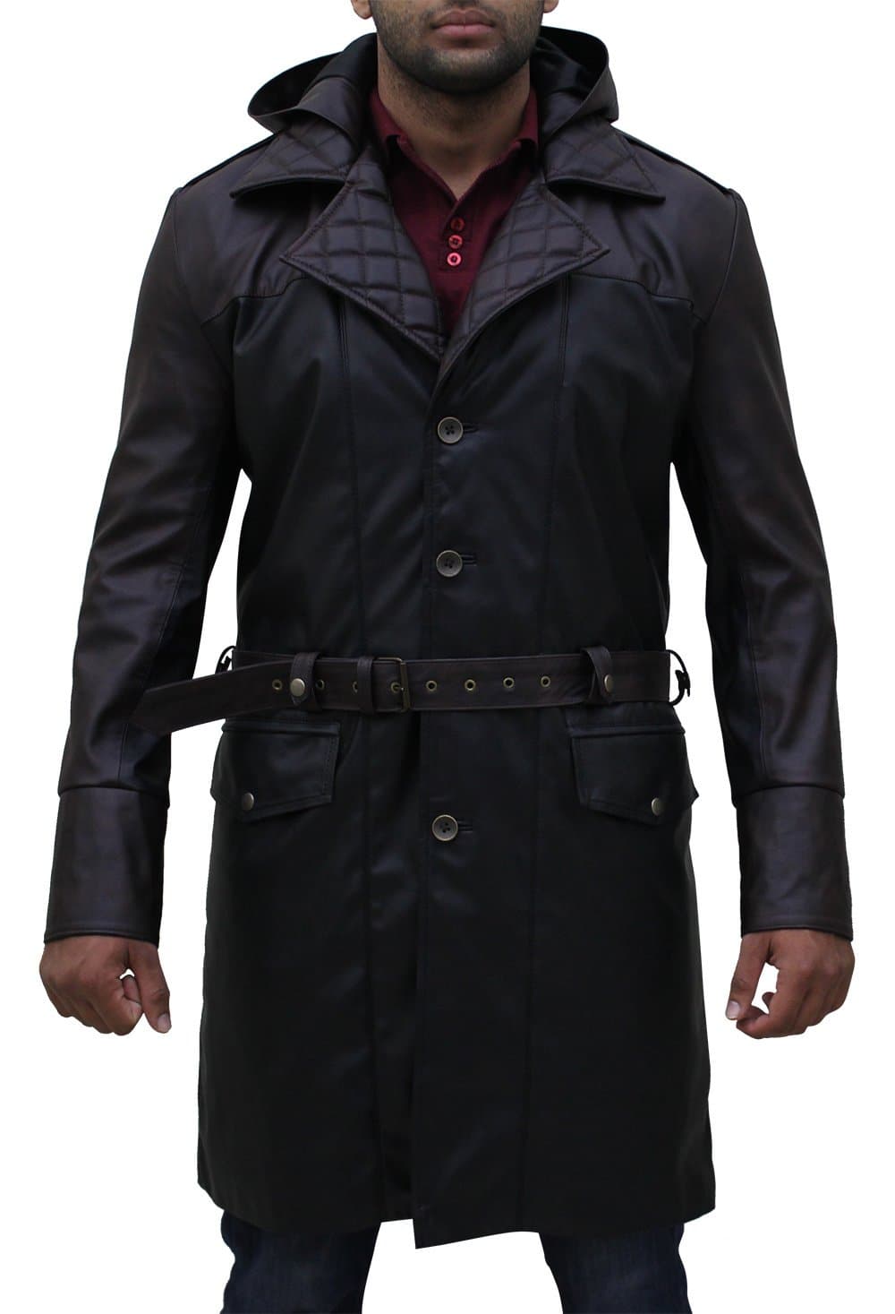 Men Assassin’s Creed Jacob Frye Syndicate Belted Black Faux Leather Trench Coat | Assassin Coat, XXS-3XL