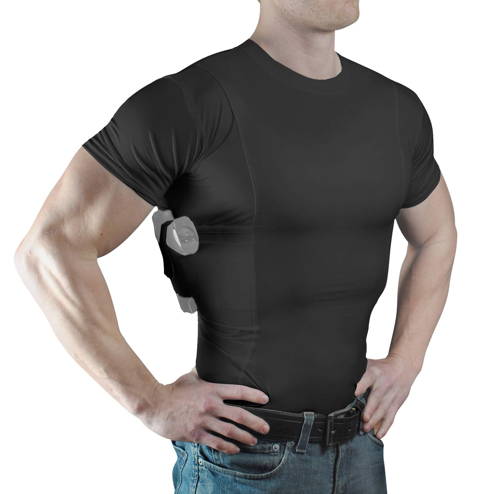 Men’s Pistol Holster Undershirt for CCW Concealed Carry, Crew Neck, All-Day-Comfort Easy Breathe Compression Fabric
