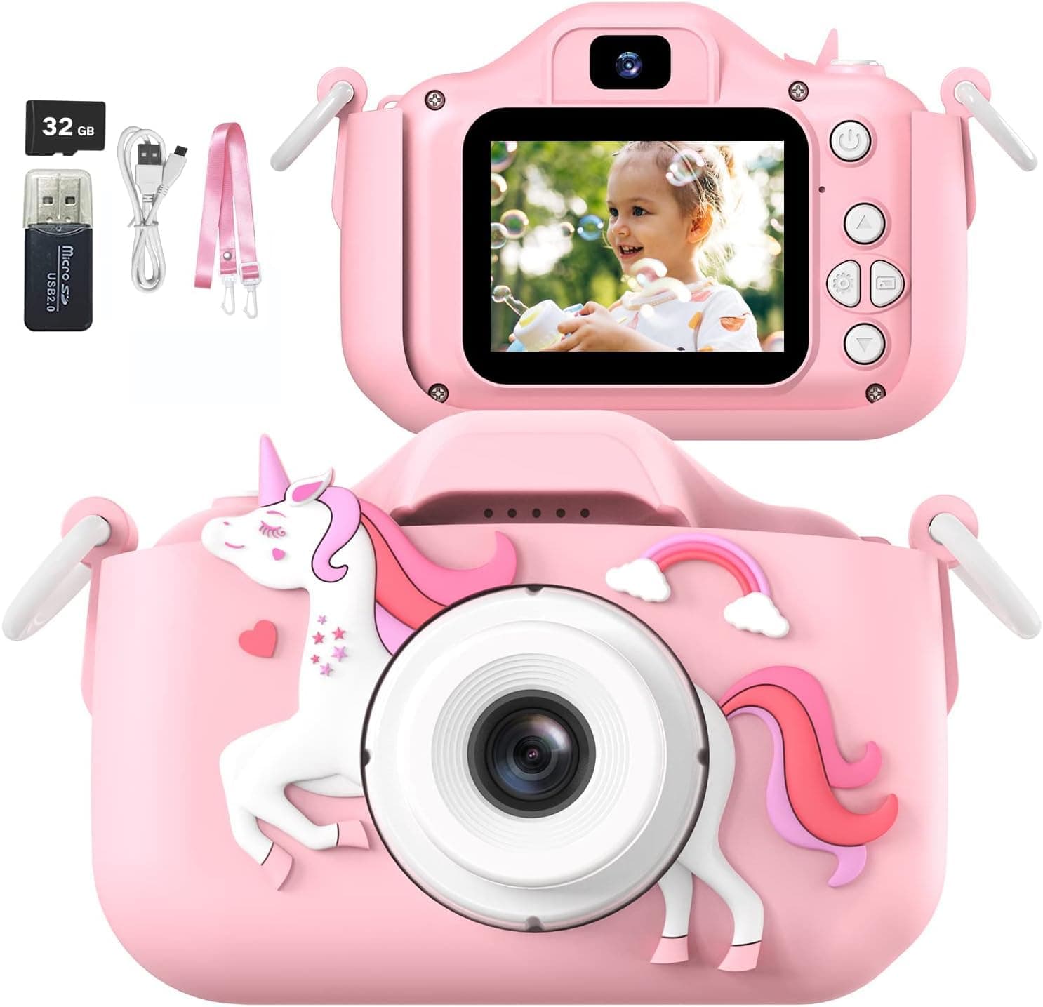 Kids Camera Toys for 3-12 Years Old Girls Children Digital Video Camera with Cute Silicone Cover Portable Child Unicorn Toy Christmas Birthday Gifts for Toddler Age 3 4 5 6 7 8 9 (Pink)