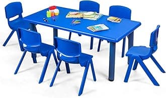 HONEY JOYKids Table and 6 Chair Set, 47 x 23.5 Inch Children Rectangular Table with Stackable Seats, 7 Pcs Plastic Activity Toddler Furniture Set for Playroom Daycare, Gift for Boys Girls