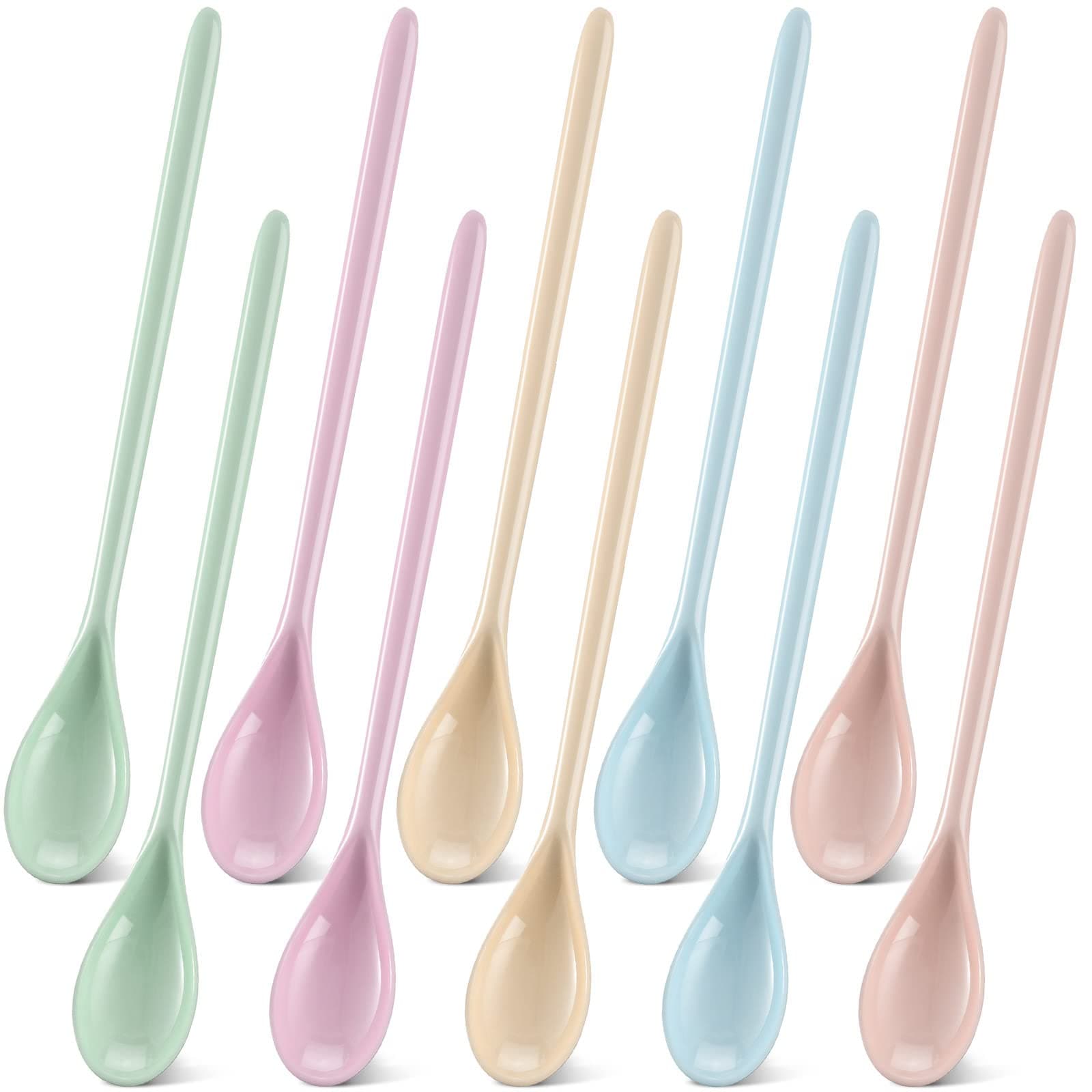 Lallisa 10 Pcs Long Handle Spoon 7.2'' Colorful Coffee Stirring Reusable Cute Plastic Spoons Mixing Iced Tea for Ice Cream Sundae Latte Chocolate Cocktail, Dishwasher Safe