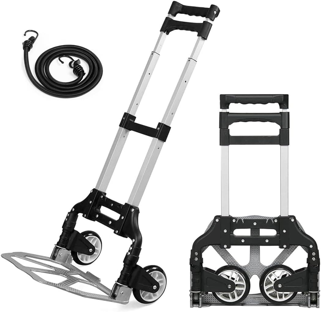 Folding Hand Truck Trolley, Heavy Duty Aluminium Sack Truck with Wheels, Foldable Luggage Cart with Telescopic Handle, Portable Moving Trolley for Boxes Groceries and Luggage, 85 kg Load Capacity