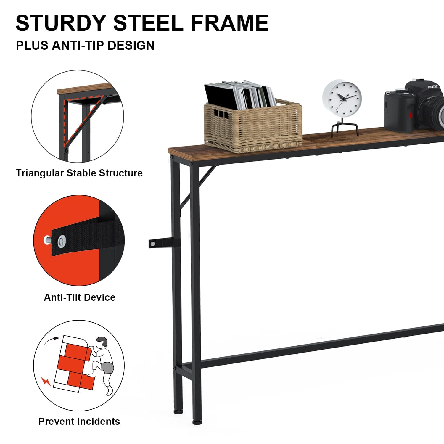 Tohomeor Skinny 5.9" Console Table 47.24" Narrow Long Sofa Table with Power Outlets USB Ports Industrial Wooden Entry Table for Entryway Living Room Hallway (Brown, L-94.4xW-5.91)