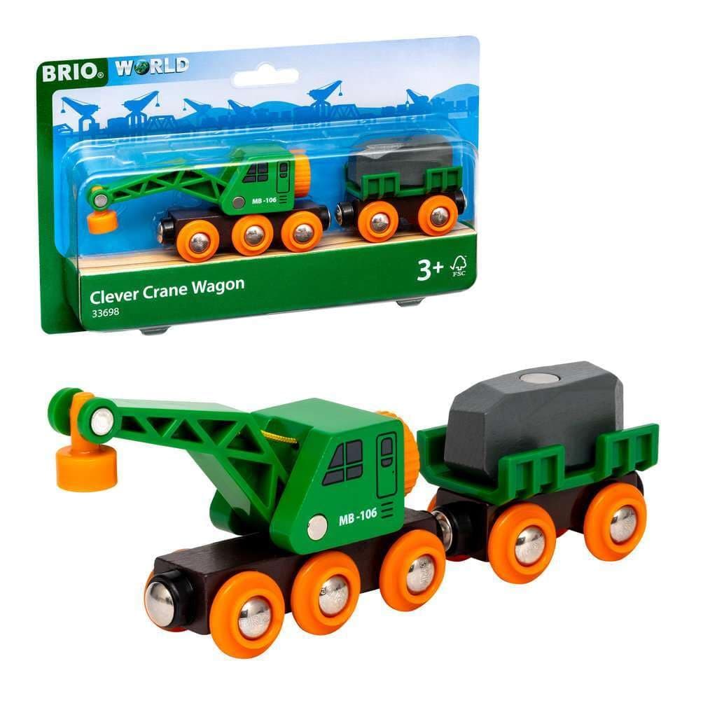 World Clever Crane Wagon for Kids Age 3 Years Up - Wooden Railway Train Accessories and Add Ons