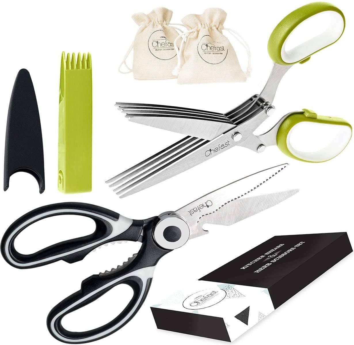 Chefast Heavy Duty Kitchen Shears and Herb Scissors Set - Stainless Steel Food Scissors, 5-Blade Herb Cutter with Cleaning Comb Cover and Two Jute Bags - Great for Meat, Poultry, Garden, and Craft