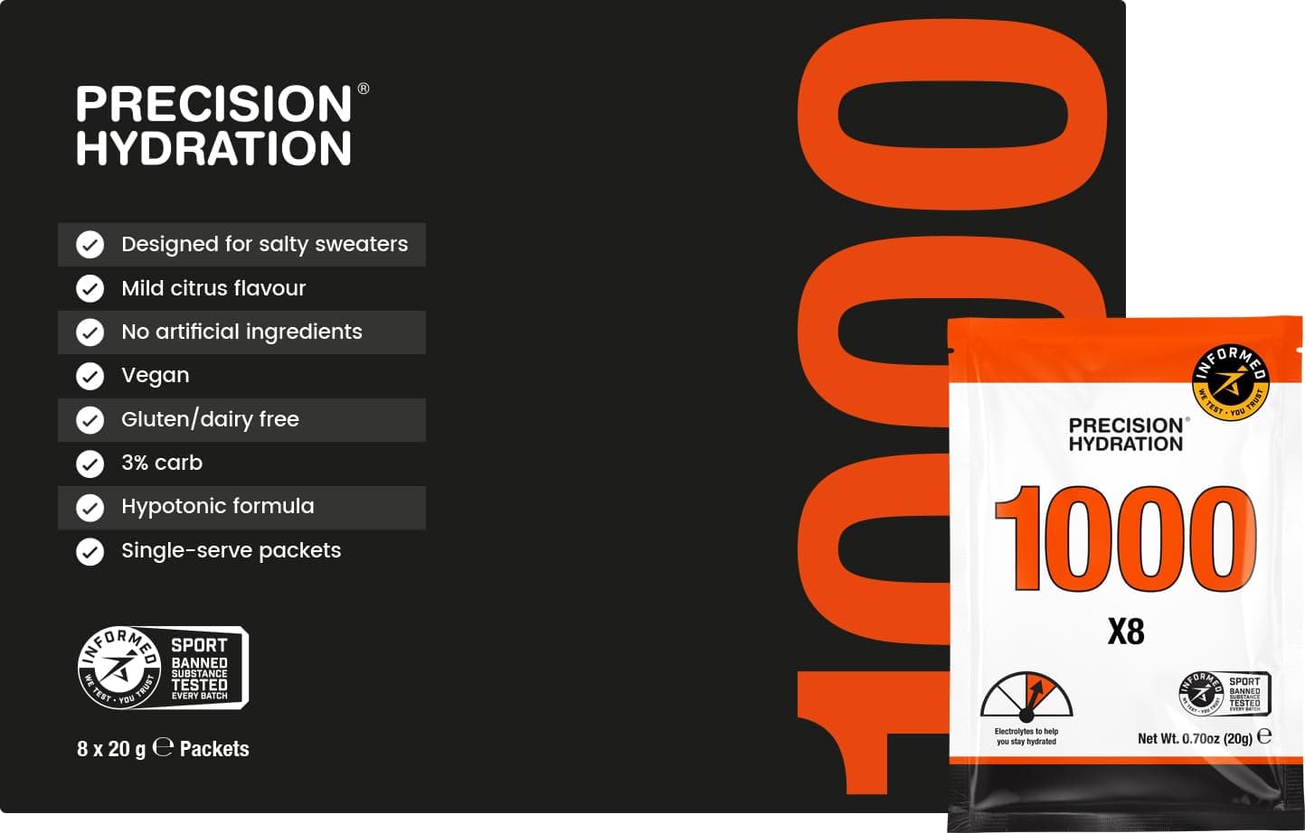 Electrolyte Drink Mix - All Natural Multi Strength Electrolyte Powders - Individual Waterproof Servings - Gluten/Dairy Free (1000mg/L - Orange Packet, Pack of 8)