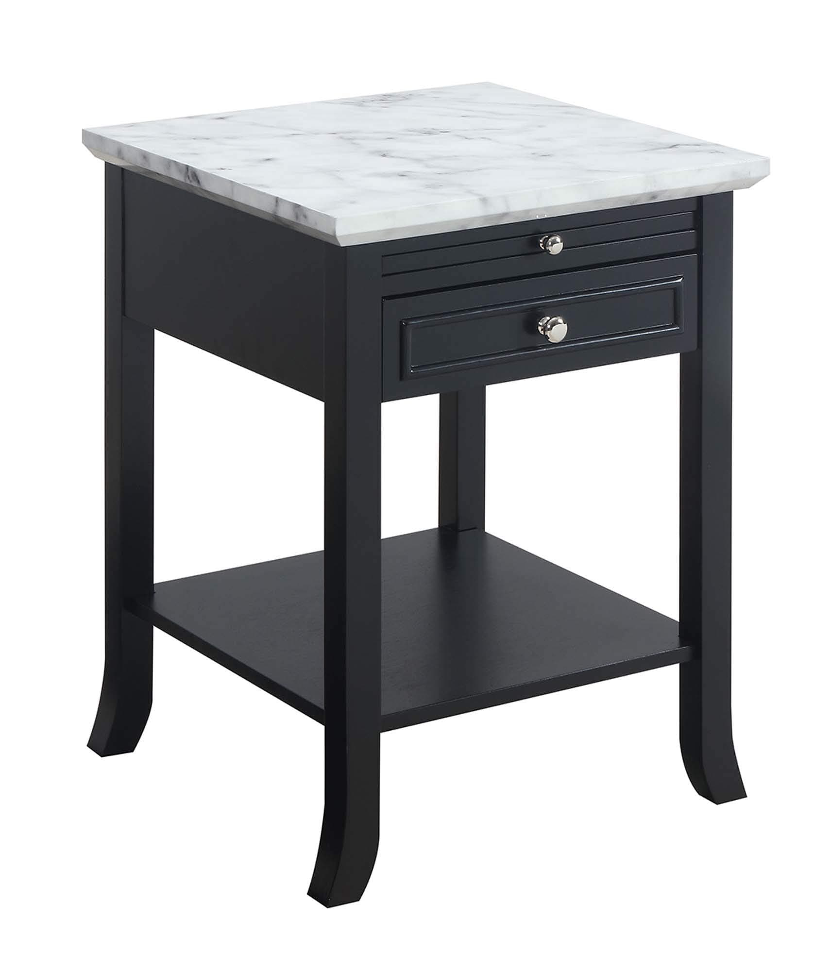Convenience Concepts 7102045WMBL American Heritage Logan End Table with Drawer and Slide, White Faux Marble/Black, Gold Frame