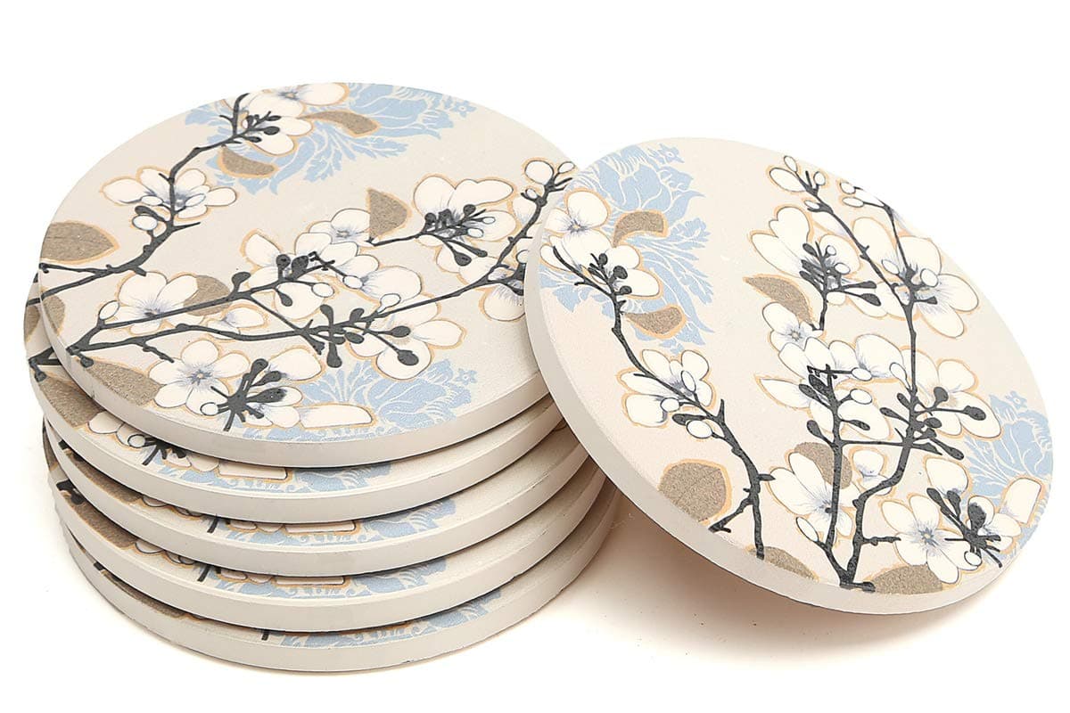 Enkore Ceramic Coasters, Dogwood Branch Design - 6 Pack of Absorbent Stone for Drinks, Protect Furniture from Coffee Or Tea Marks