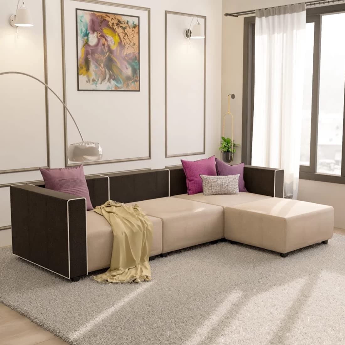 FURNY Junnoy 4 Seater Fabric RHS L Shape Sofa - Set (Grey)