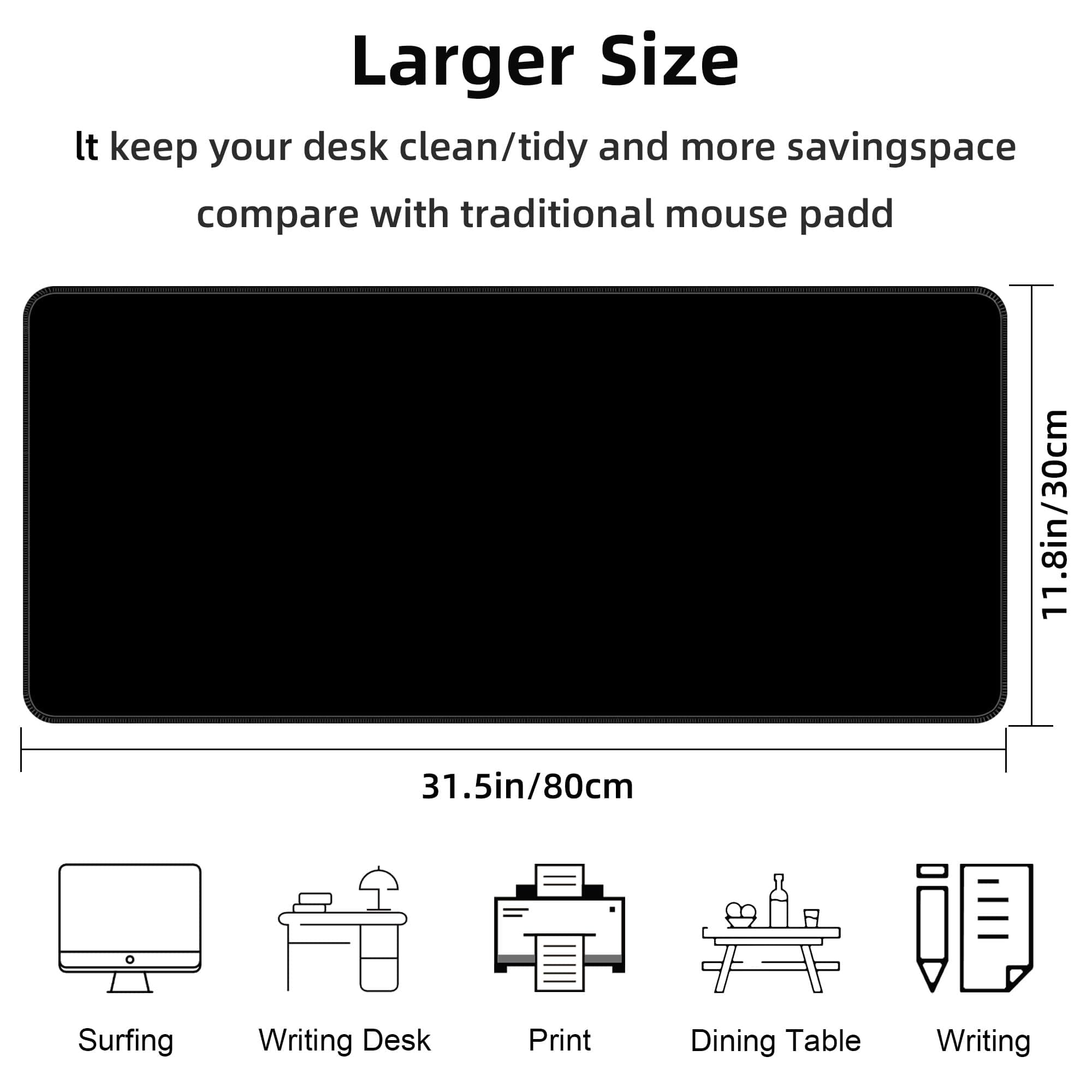 Bzu Black Extended Big Mouse Pad Large,XL Gaming Mouse Pad Desk Pad,31.5x11.8inch Long Computer Keyboard Mouse Mat Mousepad with 3mm Non-Slip Base and Stitched Edge for Home Office Work