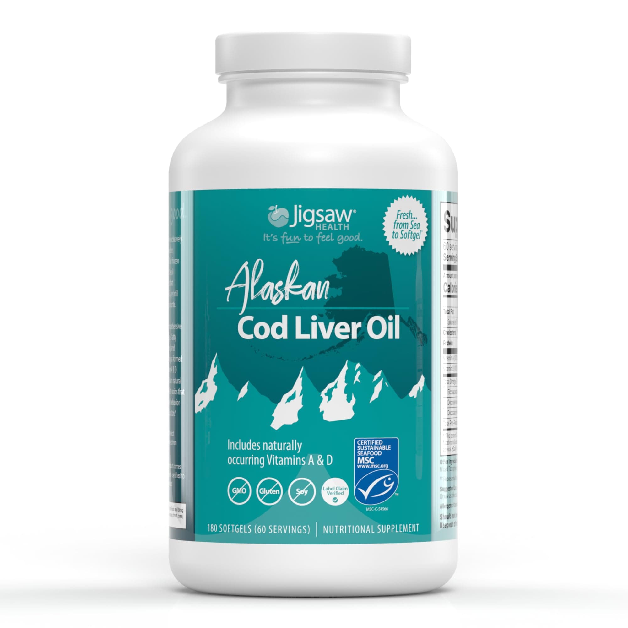 Jigsaw Health Alaskan Cod Liver Oil | 900 mg Omega-3s with EPA, DHA, and DPA | Includes Naturally Occuring Vitamins A & D | 180 Softgels | 60 Servings