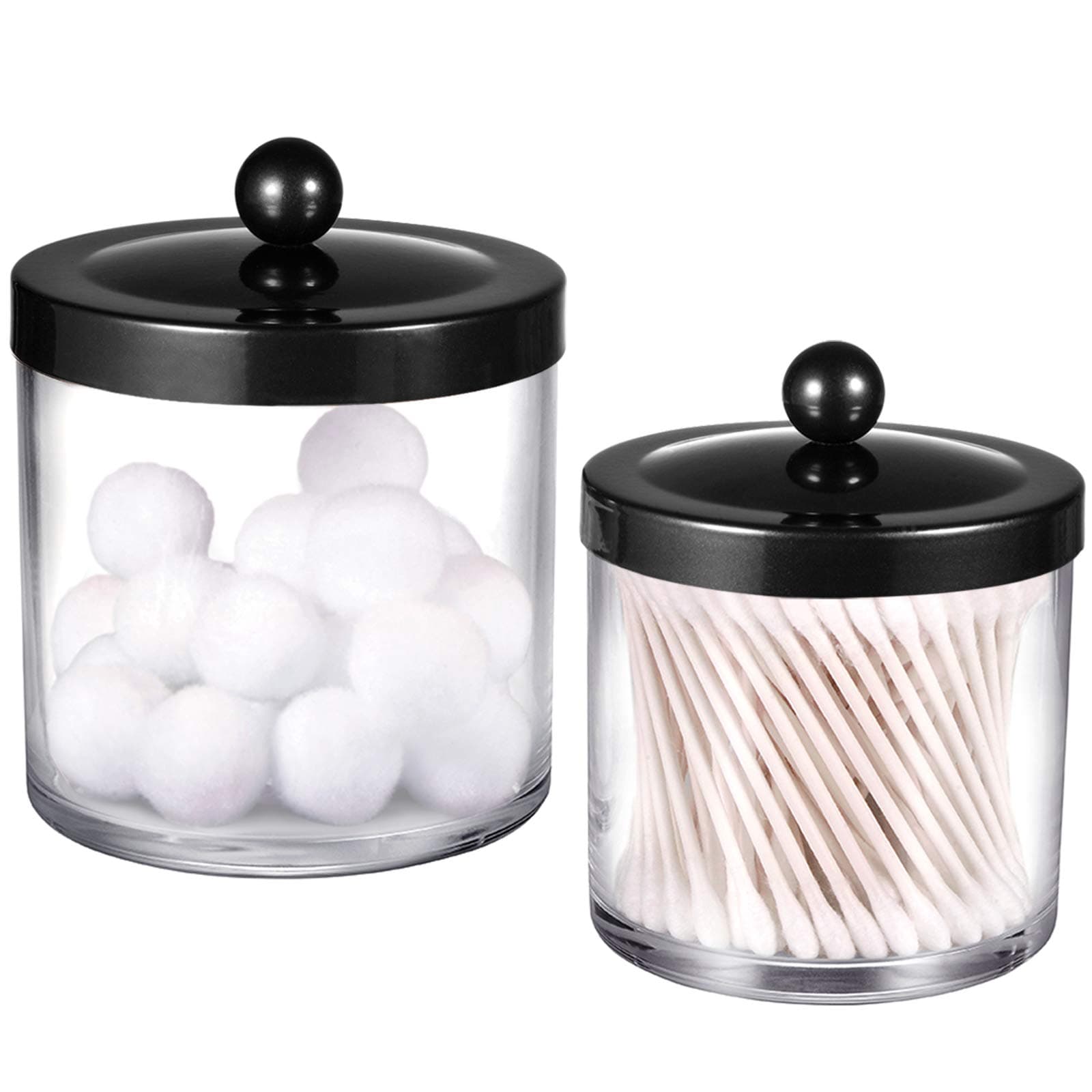 SheeChung 2-Pack Plastic Apothecary Jars with Black Metal Lids-Clear Acrylic Qtip Holder Set-Shatterproof Bathroom Vanity Organizer for Cotton Balls, Swabs, Pads-Modern Farmhouse Chic Decor