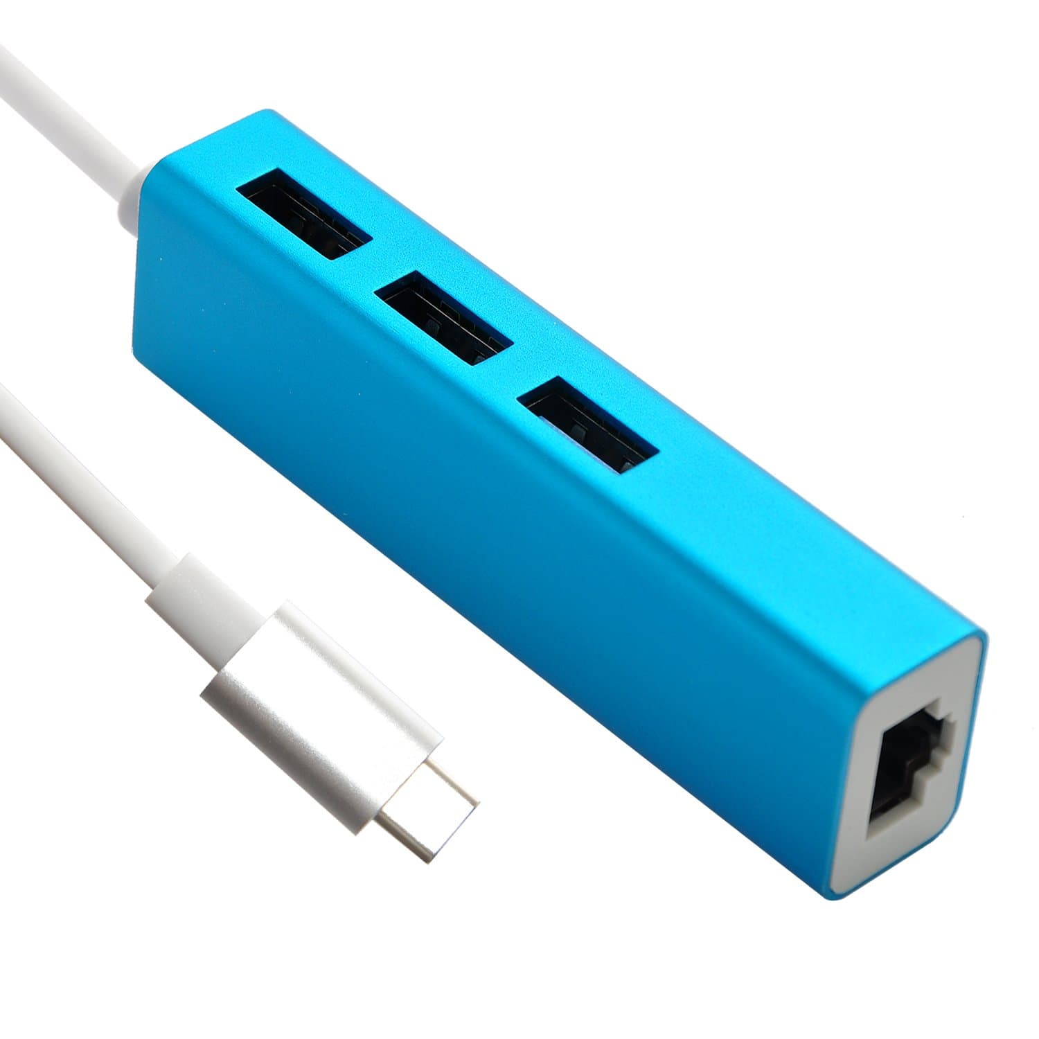 USB-C to Ethernet Adapter,Sanchow Type-C to 3-Port USB 3.0 Hub with 10/100/1000Gigabit Ethernet Adapter for USB Type-C Devices Including The New MacBook, ChromeBook Pixel and More (Blue Aluminum)