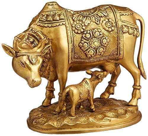 Nandi Cow and Calf Brass Idol Statue/Idol/Showpiece/Decorative Diwali Gift Kamdhenu Brass Item/Home Decor/Office Decorative Items (7.0 x 8.5 x 4.2 inch and Weight 3100 Grams)