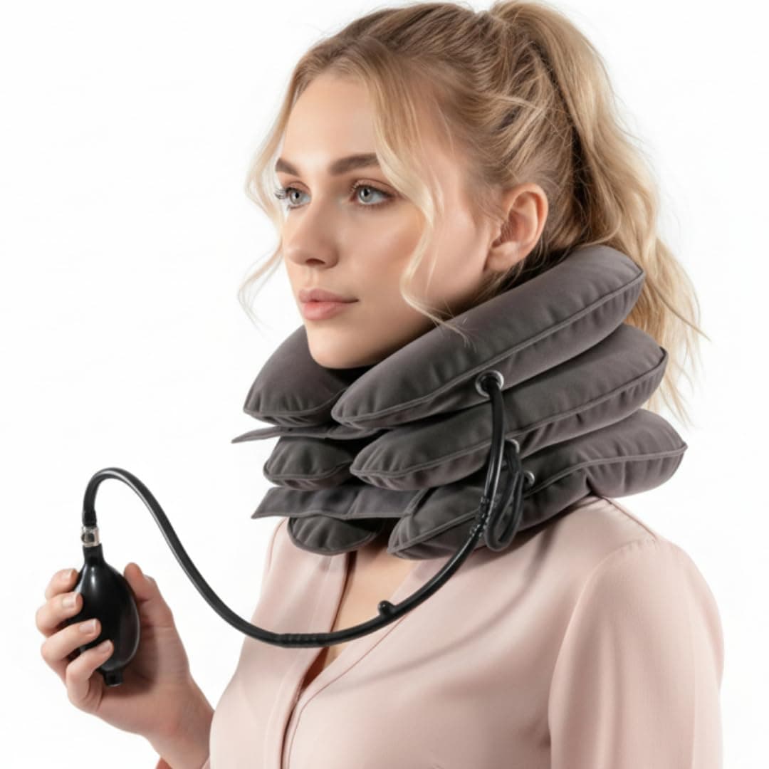 Inflatable Cervical Neck Traction Device – 3 Layer Adjustable Neck Stretcher Air Pillow Brace for Spine alignment & Shoulder neck Pain Relief, Muscle Strain Support – One Size Fits All