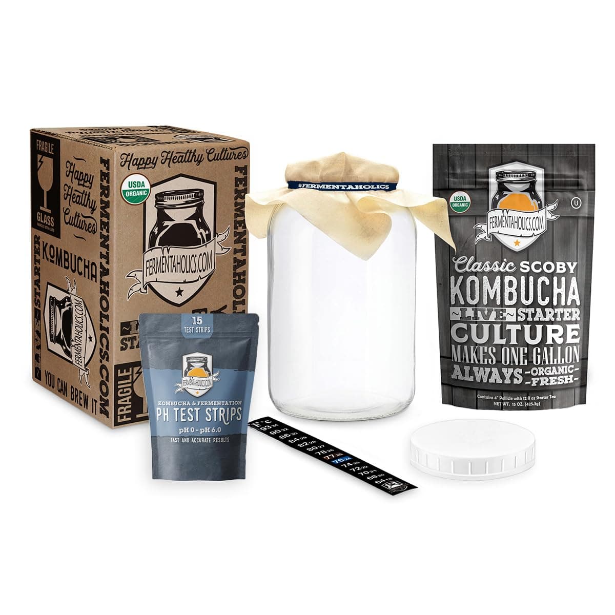 Kombucha Essentials Kit - Includes USDA Organic Kombucha SCOBY + 1-Gallon Glass Fermenting Jar with Breathable Cover + pH Strips + Rubber Band + Adhesive Thermometer - Brew kombucha at Home