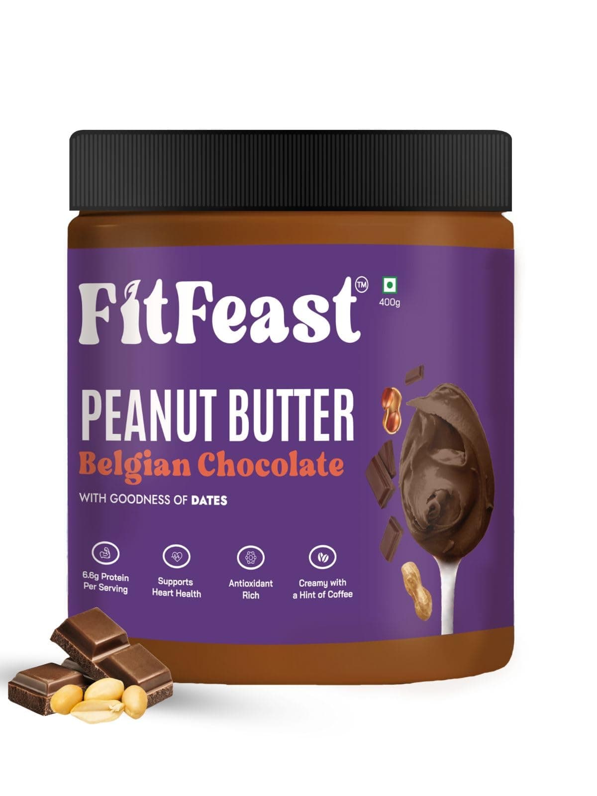 FitFeast Chocolate Peanut Butter, 400g | Delicious Nut Butter | Belgian Chocolate Spread | No Trans Fats, Cholesterol | 7g Protein Per Serve | Sweetened with Dates | Antioxidant-Rich | As Seen on Shark Tank