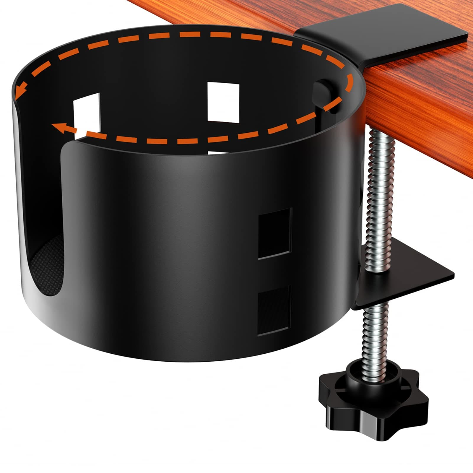 OOKUU Upgraded Large Desk Cup Holder Clamp, Anti-Spill Table Cup Holder, Metal Office & PC Gaming Desk Accessories, Compatible with Universal Cup, Bottles, Pencil Holder (Black)