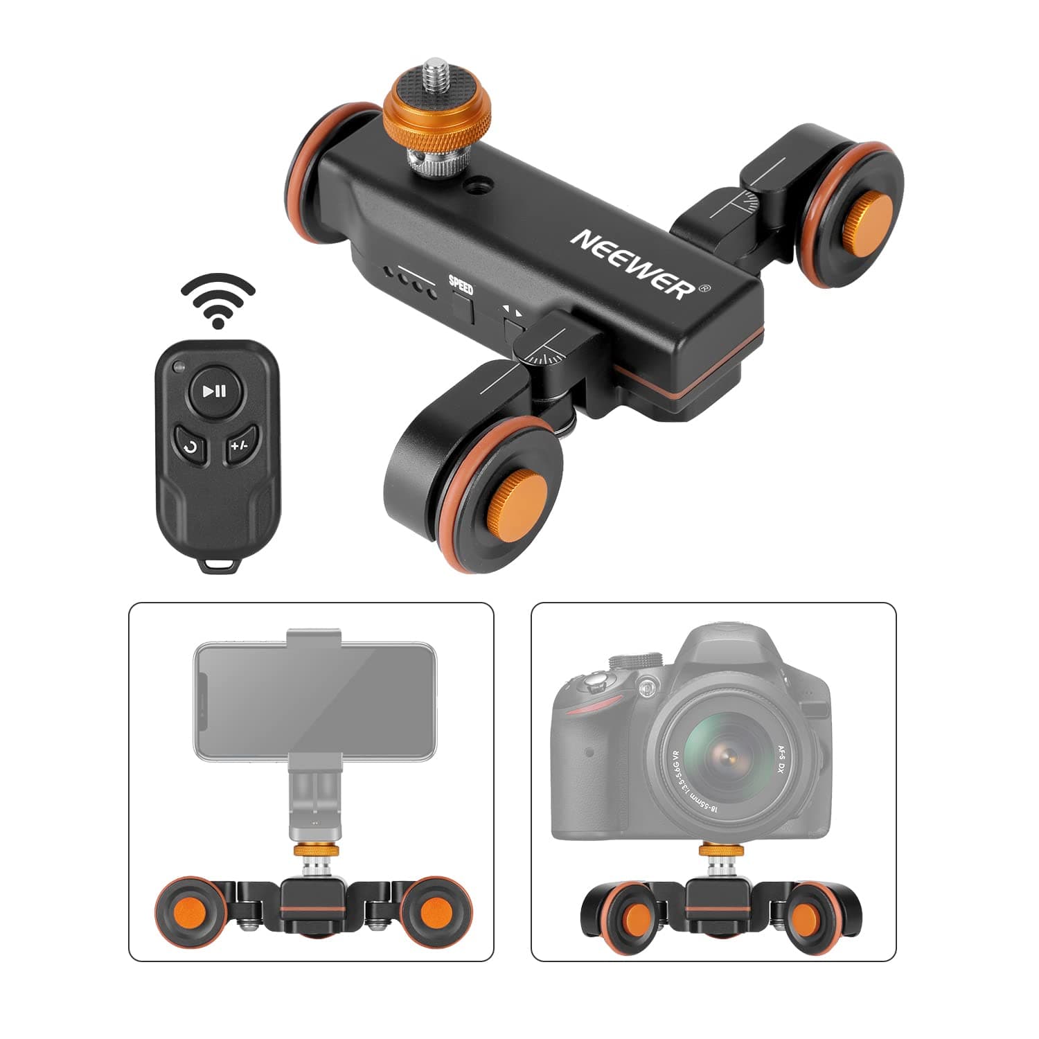 3-Wheels Wireless Video Camera Dolly, 3-Speed Motorized Electric Track Rail Slider Dolly Car with Remote Control, Compatible with DSLR Camera, Camcorder, Gopro, and Smartphone
