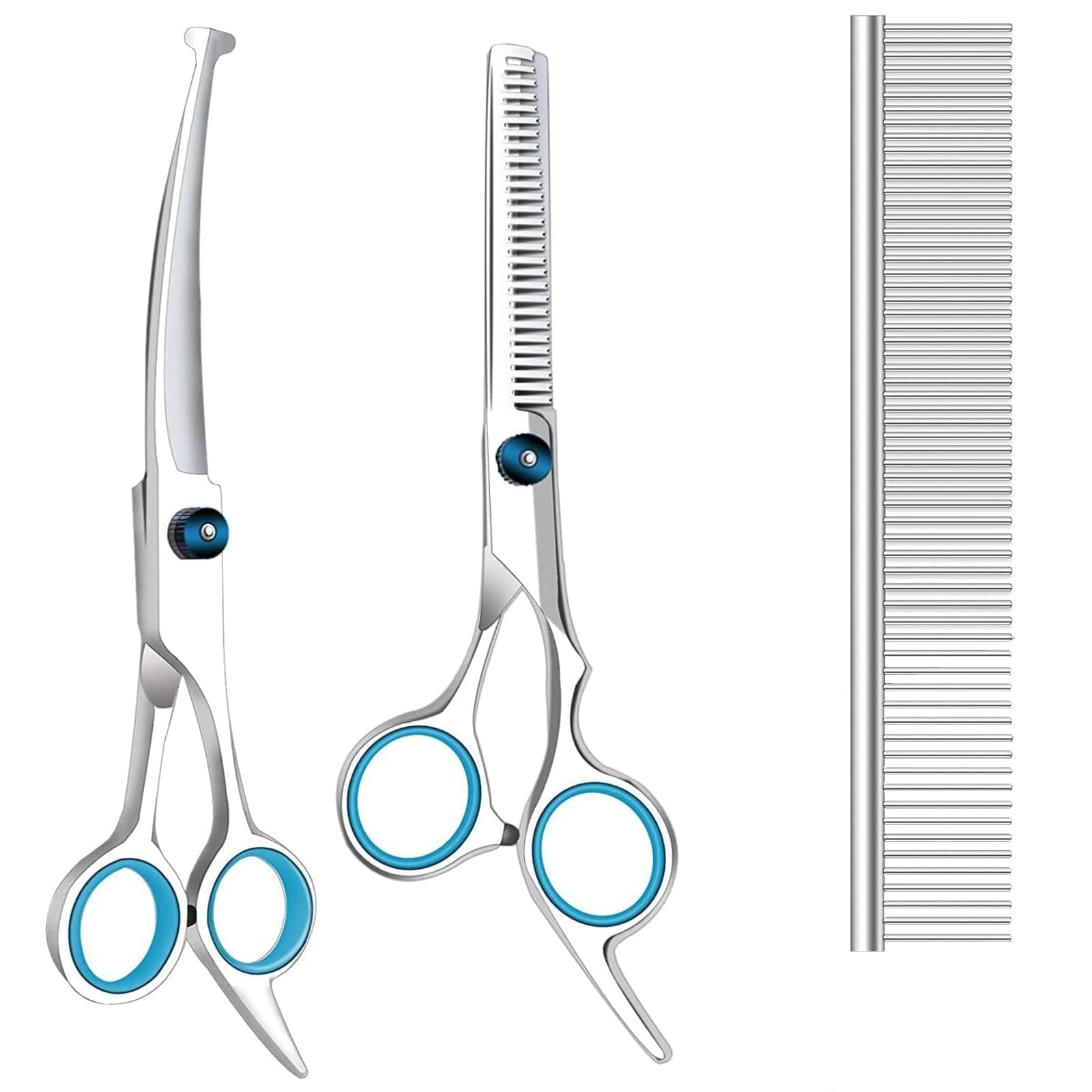 Dog Grooming Scissors with Safety Round Tips, Heavy Duty Titanium Pet Grooming Trimmer Kit, Professional Thinning Shears, Straight Scissors with Comb for Dogs and Cats (Set of 3)