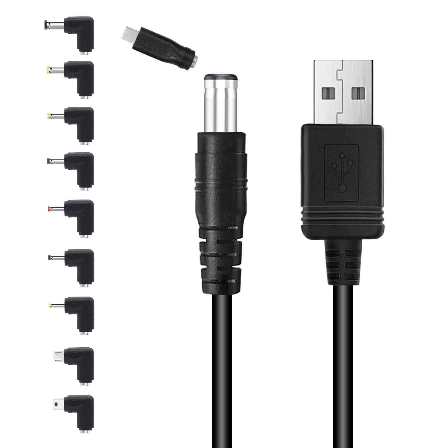 5FT USB to DC 5V Power Cable 5.5 * 2.1mm Barrel Jack with 10 Connectors Adapter for HUB Splitter, LED Lights, Router, Mini Fan, Speaker Etc.