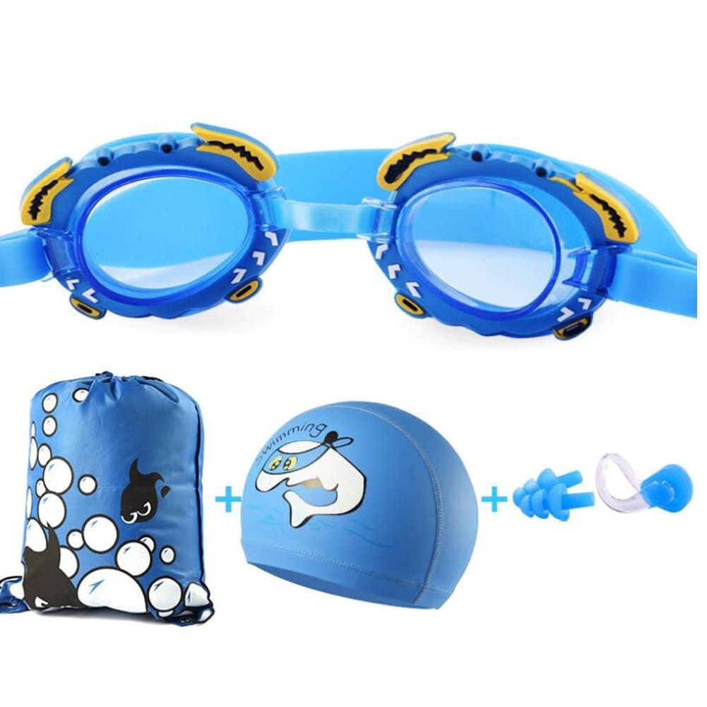 Kids Swim Goggles Set with Anti Fog UV Protection Swimming Goggles Swim Cap and Ear Plugs Nose Clip Swimming Equipment for Youth Kids Boys Girls (Sky Blue, One Size)