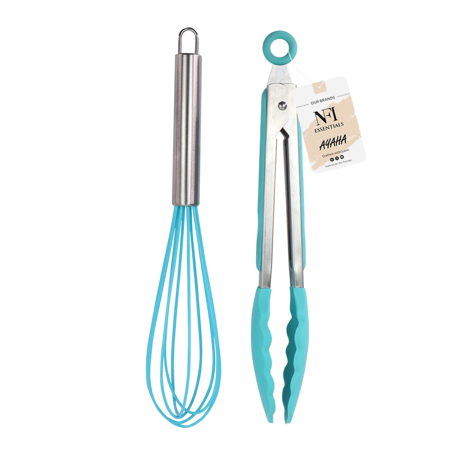 NFI essentials Silicone Whisk and Tong Set, Non-Stick Cooking Safe Set of 2 Silicone Set for Egg Beater, Frying, Whisking, Grillin, Dishwasher Safe Whisks for Cooking Heat Resistant