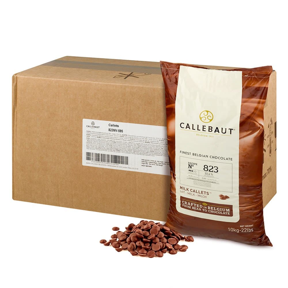 823 Milk Chocolate Callets - 44 LBS Belgian Baking Chocolate Callets - Min 30.2% Cocoa butter, 4.9% fat free cocoa, 6% Milk fat, 15.8% Fat free milk - Recipe 823NV-595 - 44 Lbs (20 kg)
