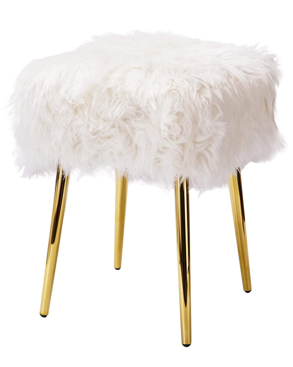 Square Faux Fur Ottoman Bench, Foot Rest Stool/Seat, Modern Upholstered Vanity Dressing Footstool with Removable Metal Legs Design, Accent Ottoman for Home Decor (White)