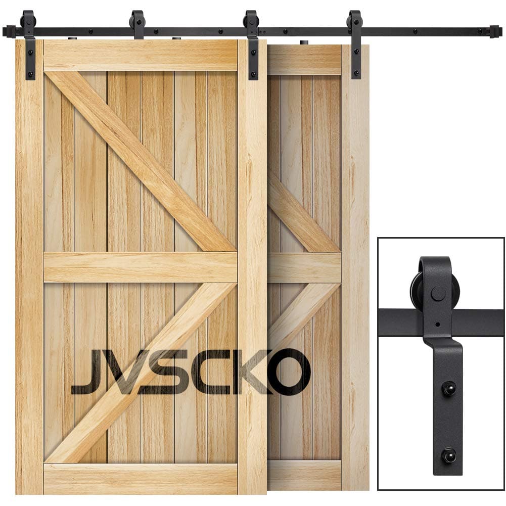 JVSCKO 10ft Bypass Sliding Barn Door Hardware Kit - Upgraded One Piece Flat Track for Double Wooden Doors-Smoothly, Ultra Quiet and Easy to Install - Fit 60" Wide Door Panel