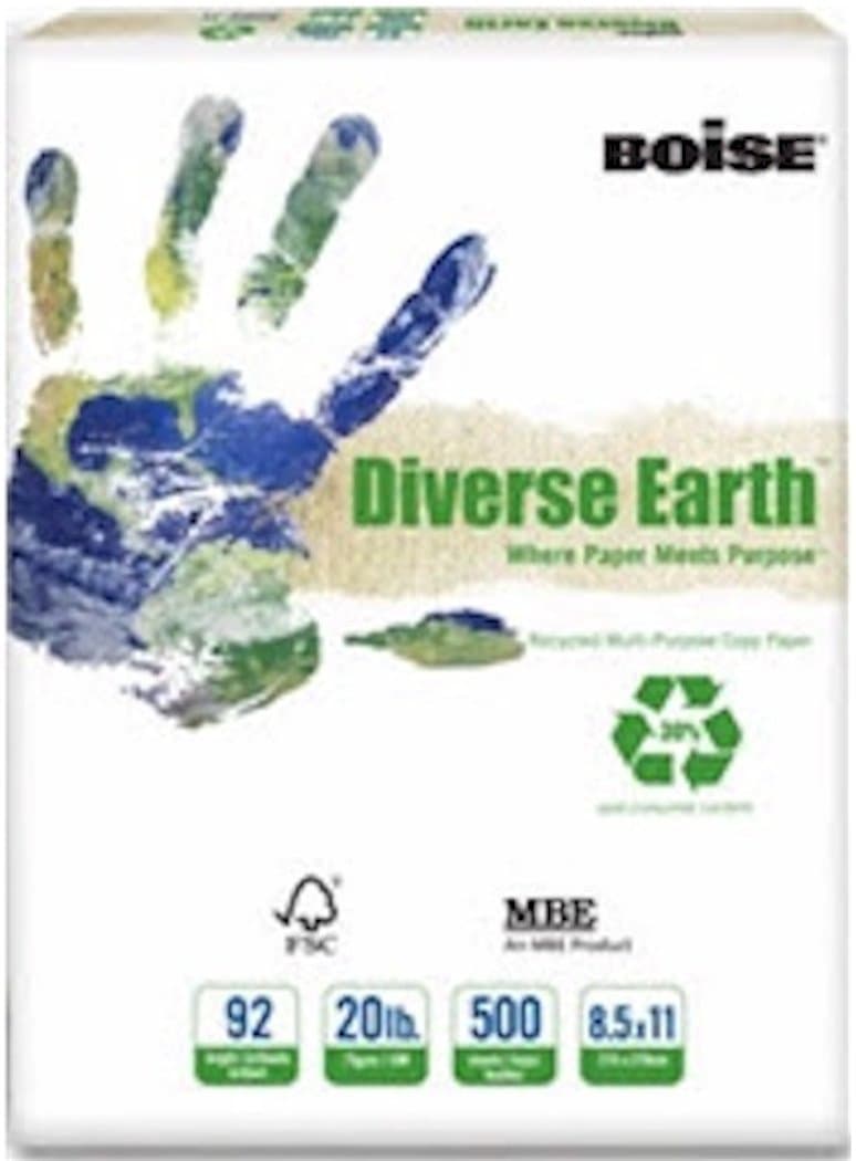 Boise 30% Recycled Diverse Earth Multipurpose Copy/Fax/Laser/Inkjet Printer Paper, 92 Brightness, 20 lb. Density, Letter Size (8.5 x 11), Ream, 500 Total Sheets (30DE11)