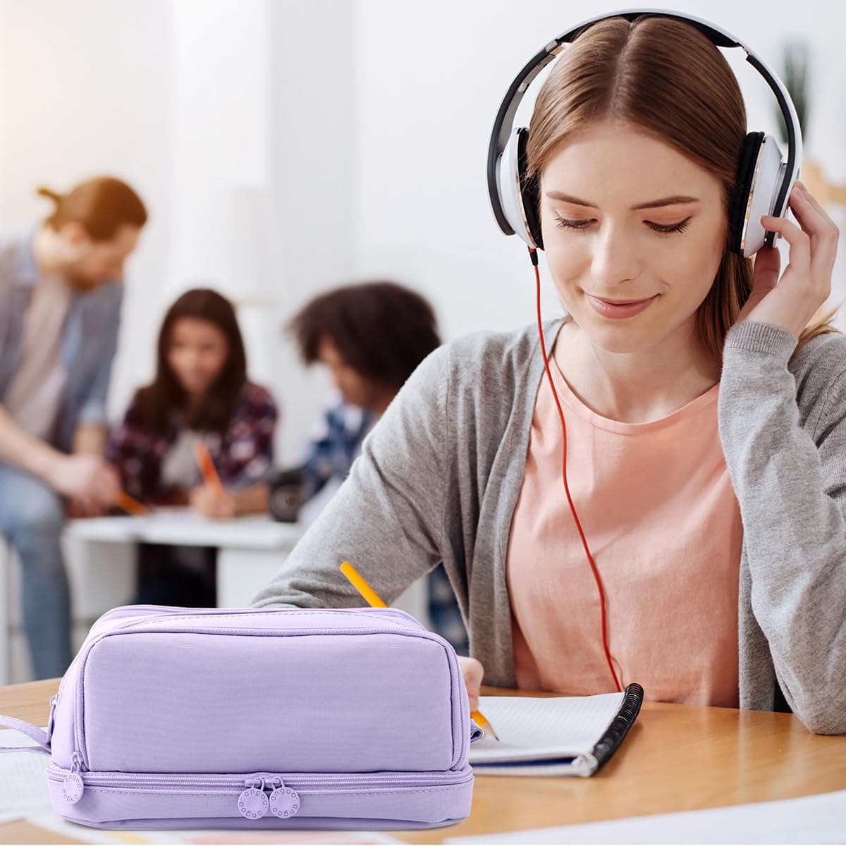 MAMUNU Large Capacity Pencil Case,Big Pen Pencil Pouch 3 Compartments Adult, Expandable Pencil Case with Portable Handle,School Stationery Organizer,Travel Makeup Cosmetic Bag, Purple, Make-Up Pouch