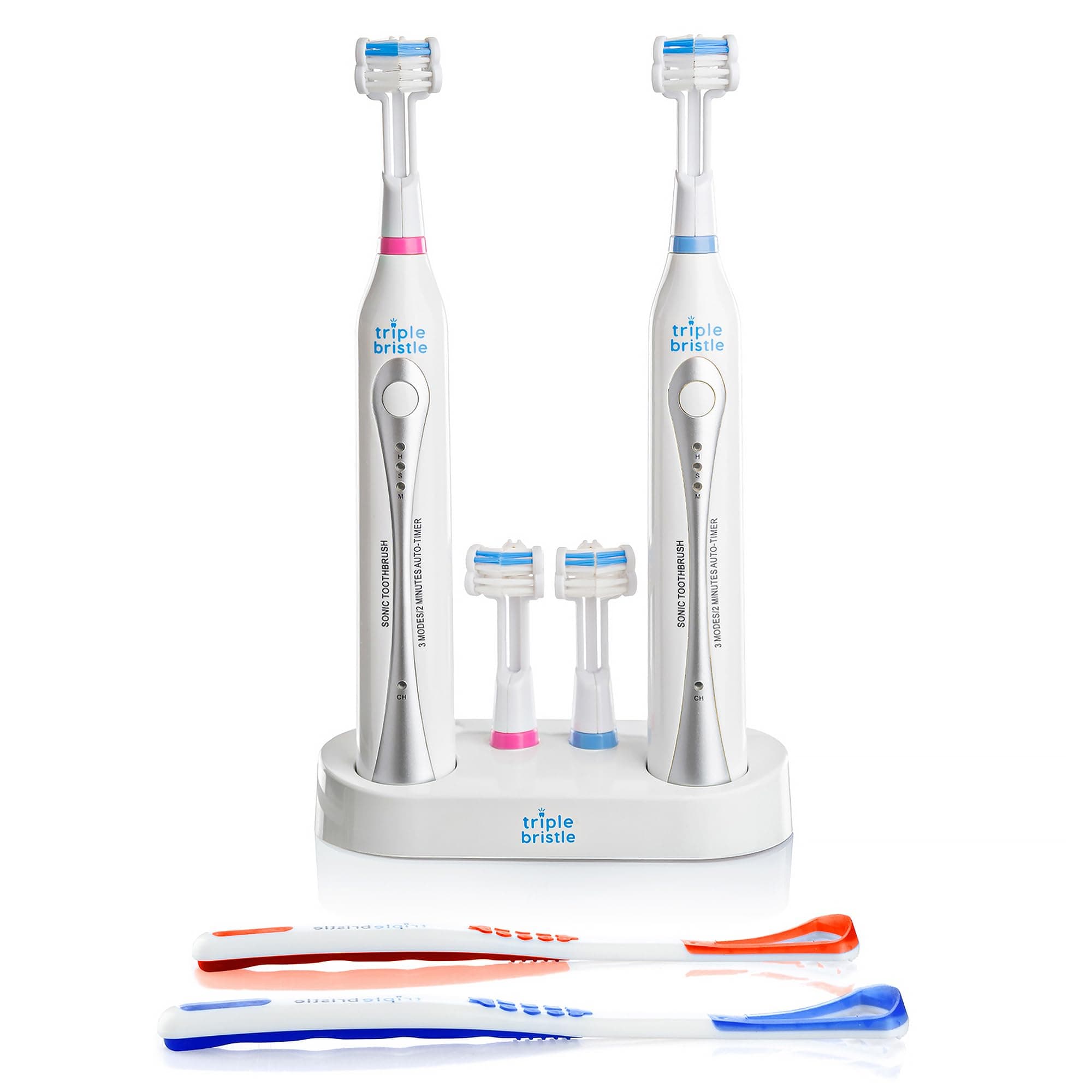 Triple Bristle Duo - 2 Electric Toothbrushes with Dual Charging Station, Patented 3 Head Design, 31,000 VPM, Rechargeable Toothbrush Set for Families & Couples, 3-Sided Sonic Brush
