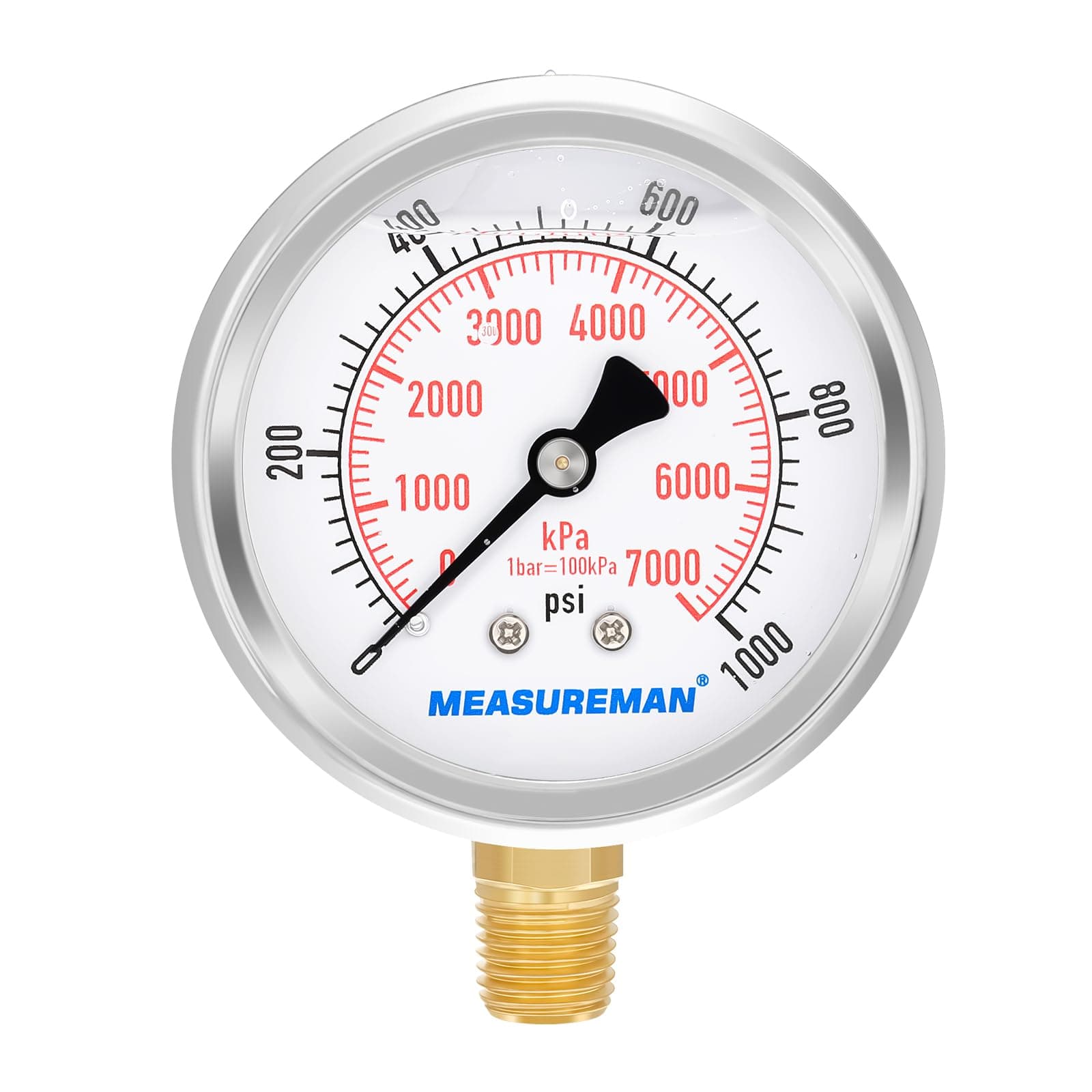 MEASUREMAN 2-1/2inch Dial Size, Liquid Filled Pressure Gauge, 0-1000psi/7000kpa, 304 Stainless Steel Case, 1/4inchNPT Lower Mount
