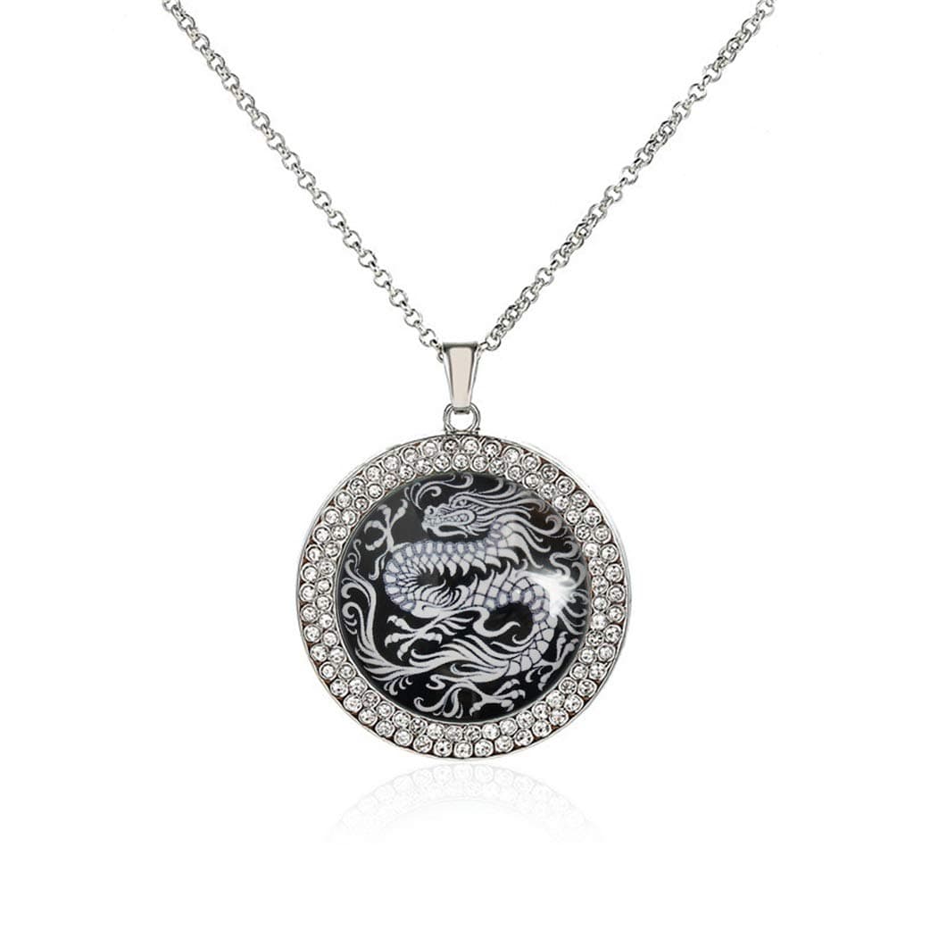 GDEE Custom Glamour Retro Copper Silver Plated Round Glass Crystal Pendant Necklace Jewelry (Chinese Dragon Asian Oriental Black White STASH)