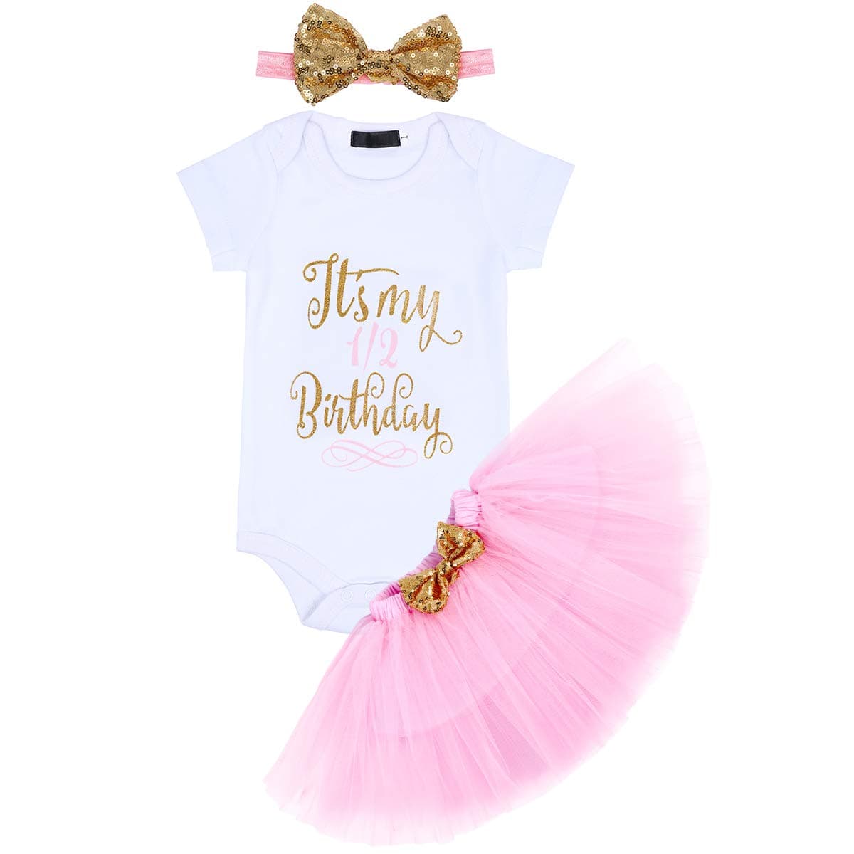 OwlFay Baby Girls It’s My Half First 1st 2nd Birthday Cake Smash Outfits Romper + Tutu Skirt + Bowknot Headband Sequins Princess Party Dress Photography Photo Shot Props Toddler Clothes Set