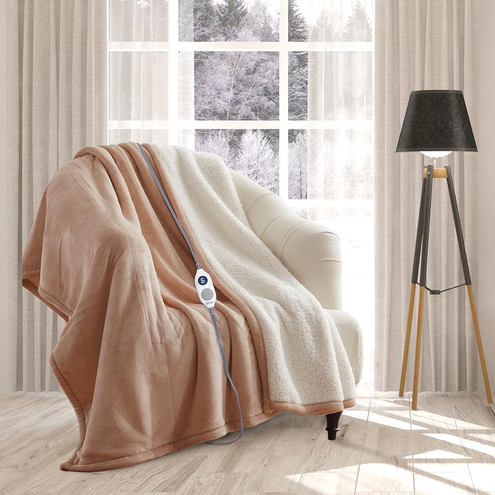 – Electric Heated Blanket Throw Fleece Sherpa EXTRA LONG 180cms, (Coffee) 9 Heat Settings, Auto Shut Off, Machine Washable