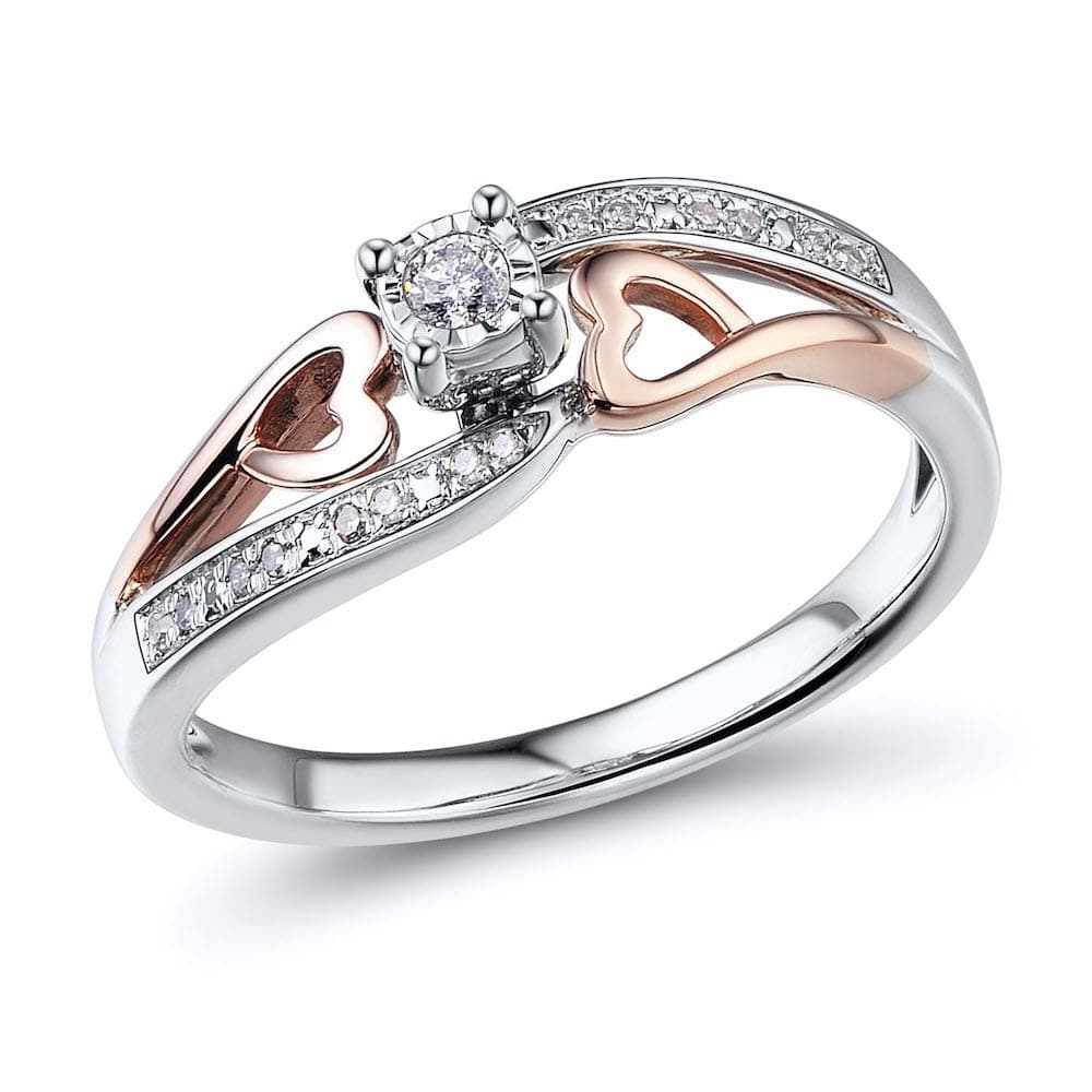Diamond Promise Ring Heart in 10KT Rose Gold and Sterling Silver 1/10 CTTW (H-I Color, I2-I3 Clarity)
