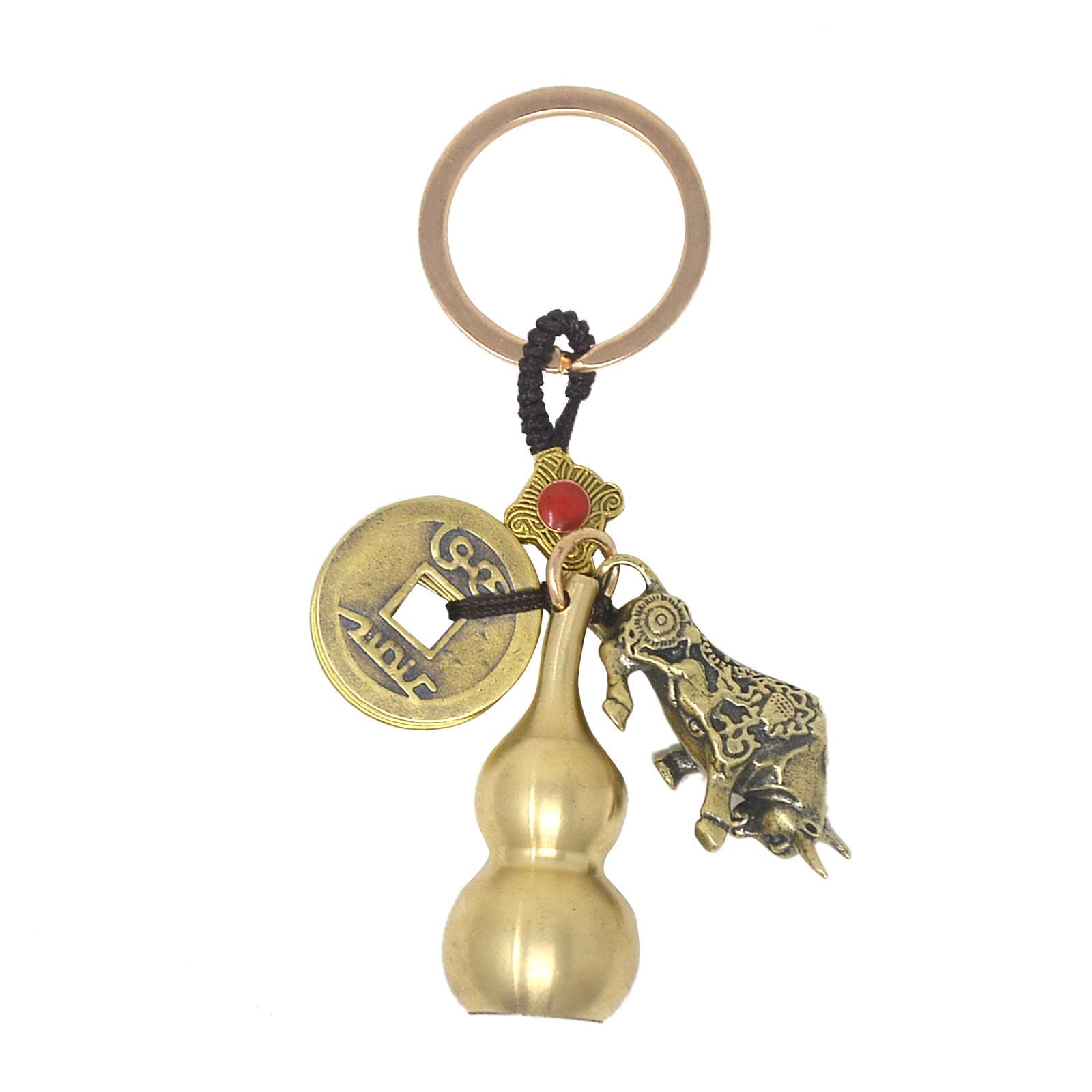 Feng Shui Five Emperors Money Copper Gourd Keychain Zodiac Wealth Ox Statue and Wu Lou Gourd Calabash With Brass Coins W4432, Brown, M