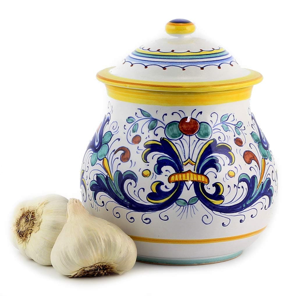 Garlic Onion Jar Keeper (Large) [9526-RIC] - Authentic hand painted in Deruta, Italy. Original design. Shipped from the USA with Certificate of Authenticity.