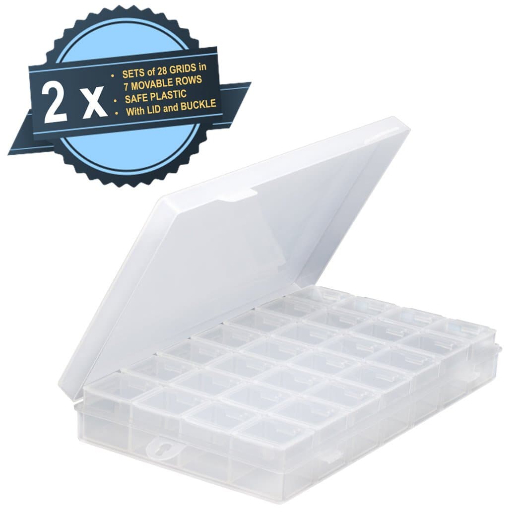 2 Sets of Safe Plastic Detachable 28 Grids with Lid Clear Box as Paint Palette Well, Storage Container, Bead, Accessory or Jewelry Organizer Case