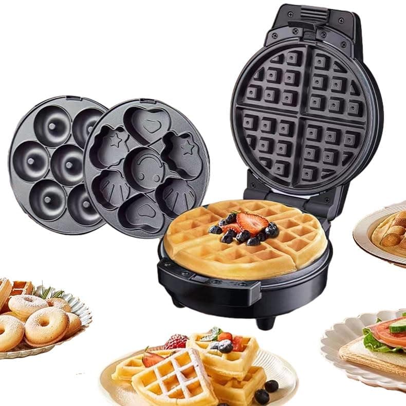 Donut Maker, 3 in 1 Electric Waffle Sandwich Machine，Cartoon Snack Cake with 3 interchangeable Removable Non Stick Plates, Detachable Dessert Toaster, Perfect for Breakfast
