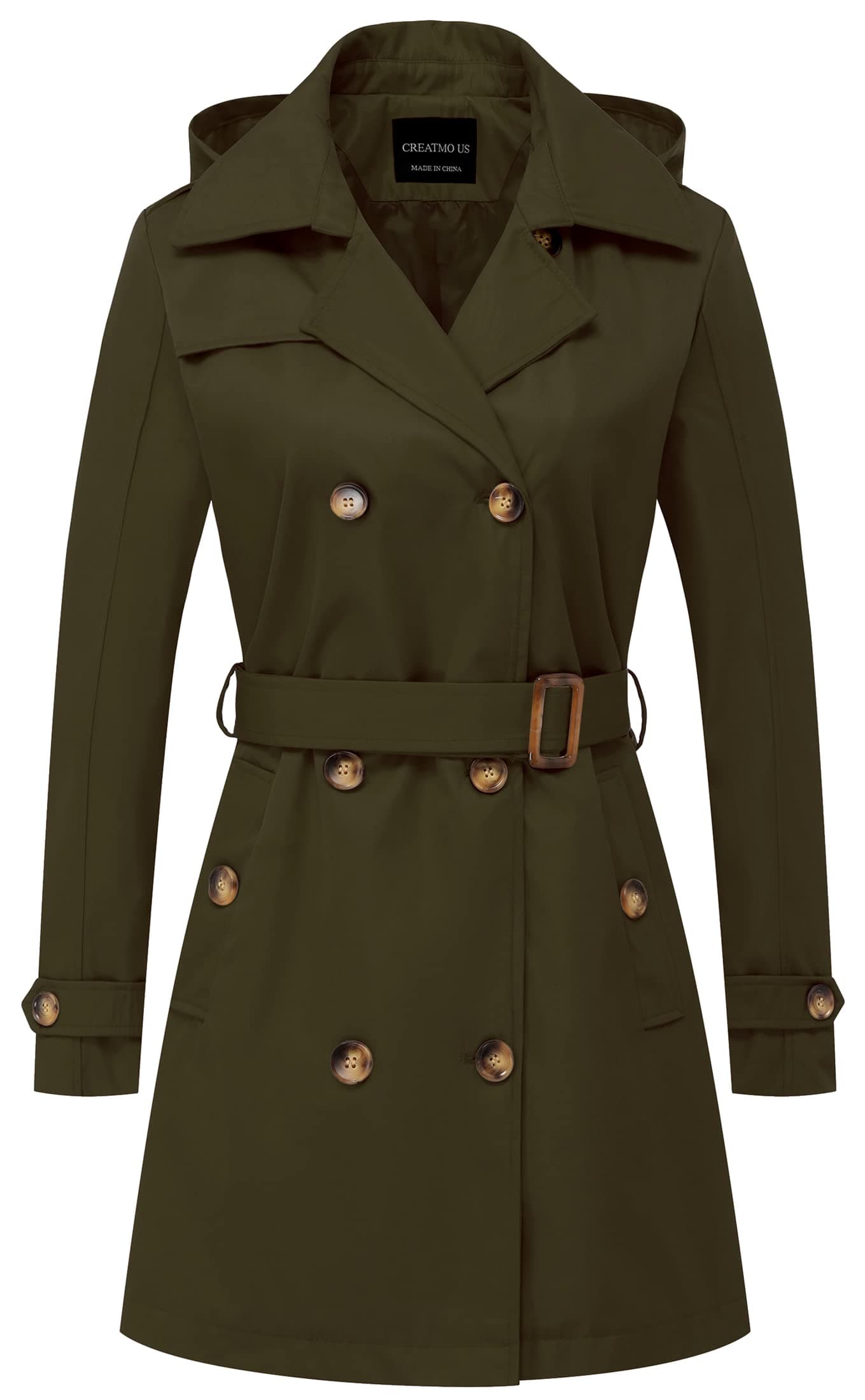 CREATMO USWomen's Trench Coat Double-Breasted Classic Lapel Overcoat Belted Slim Outerwear Coat with Detachable Hood