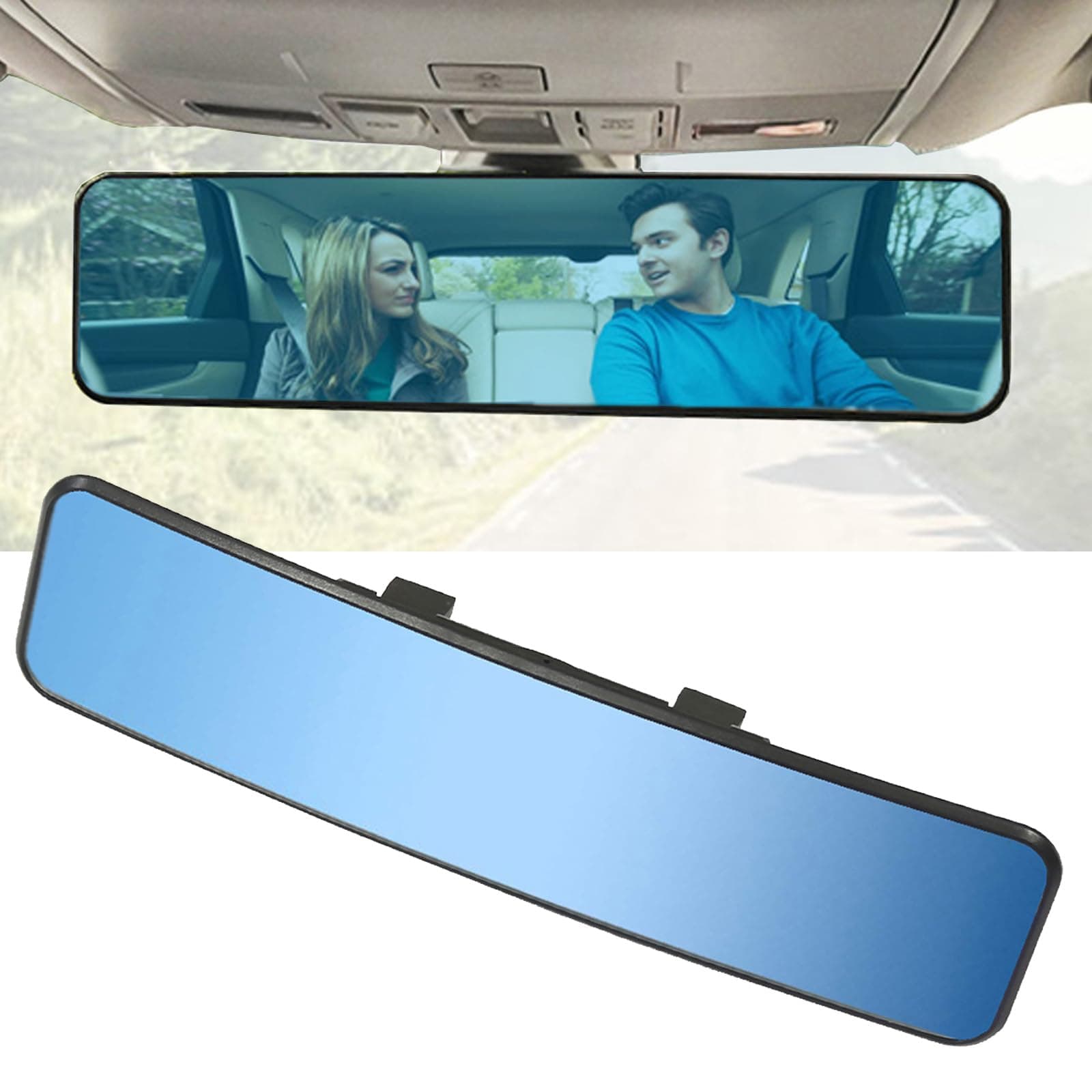 KITBEST Rear View Mirror, 290mm Anti Glare Rearview Mirror Convex Panoramic Clip on Car Mirrors to Reduce Blind Spot and Antiglare for Car SUV Trucks, Blue Tint (290 x 74mm)